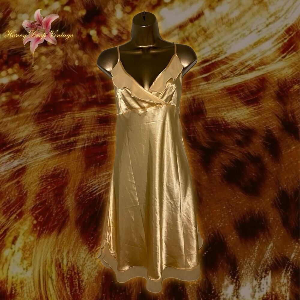 Gold Satin Slip Dress with Ruffle Hem